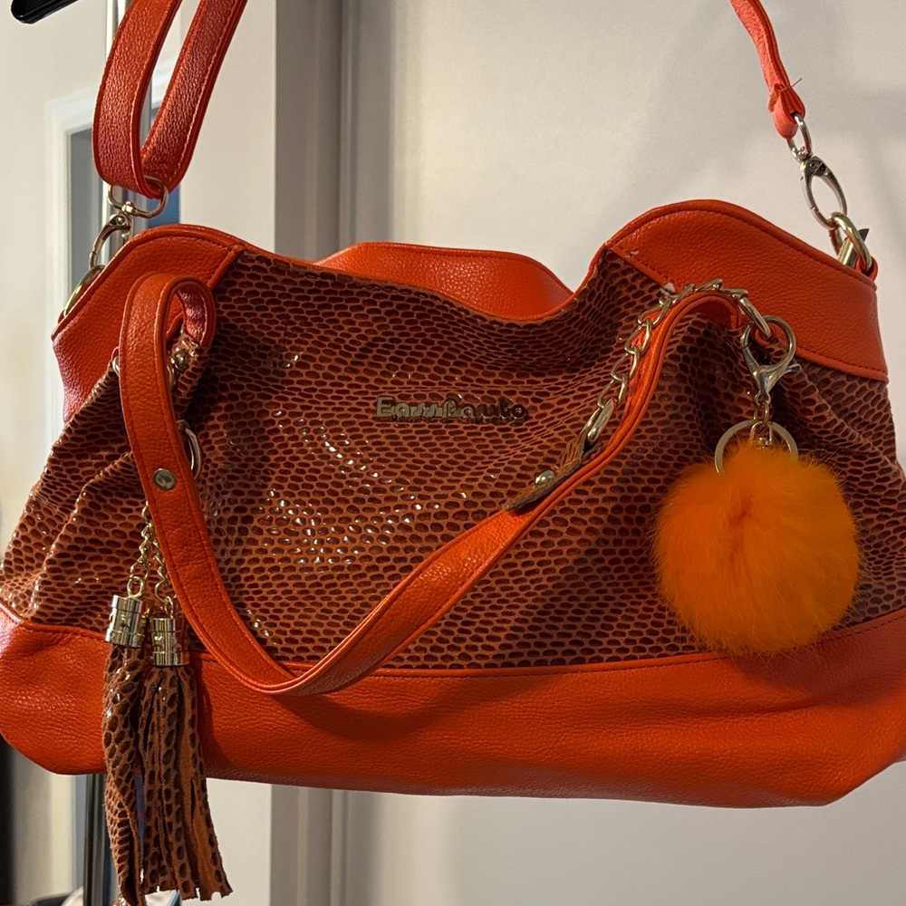 Orange Leather Women Bag with Pom Pom by